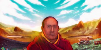 Phuntsok Wangchuk, a Buddhist monk guides and cares for pilgrims that visit the sacred wetlands part of the Bhagajang Wetland Complex in Arunachal Pradesh. The high altitude wetlands that have ecological and cultural significance were being impacted by tourism. Illustration by Kowsick Borgohain for Mongabay.