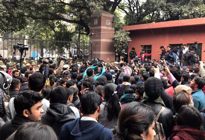 A protest outside the JNU Gate against the violence that broke out inside the campus premises on January 5