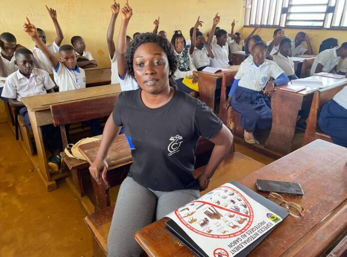 Conservation-Justice-1080x800 Léa Coralie Moussavou is head of community education and environmental awareness for the NGO Conservation Justice in Gabon, where she teaches students about protecting wildlife — as well as communities. Image courtesy of Léa Moussavou.